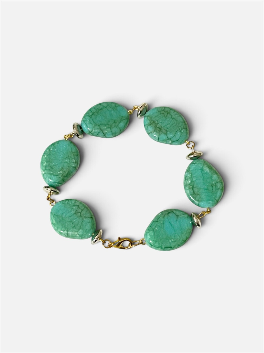 Chunky Faux Turquoise Boho Link Bracelet Gold Tone Accent Curved Oval Stone Bead